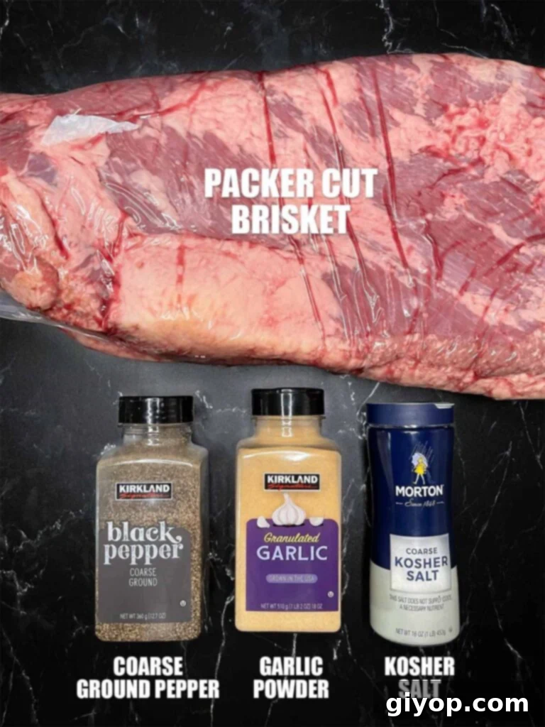 Ingredients needed for smoked brisket, Texas style, on a dark surface.