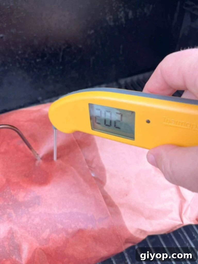 A wrapped brisket ready to come off the smoker.