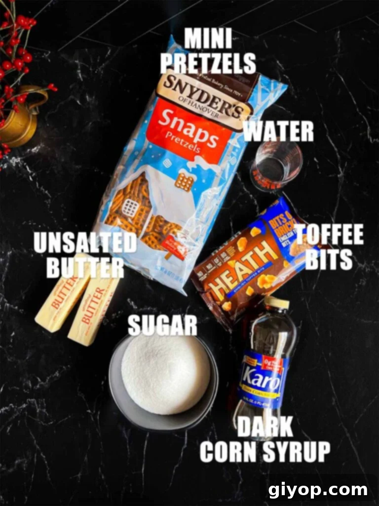 Toffee pretzel recipe ingredients on a dark surface.
