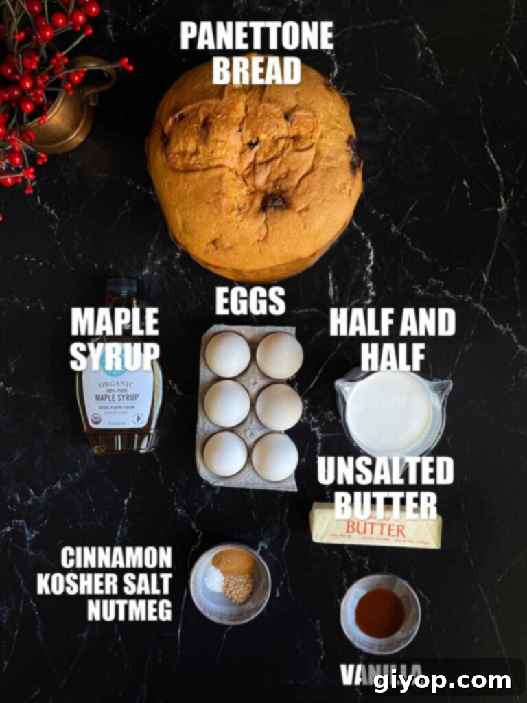 Ingredients for making panettone french toast laid out on a dark surface, including panettone slices, eggs, half and half, and spices.