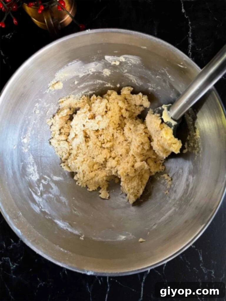 The flour mixture being gradually incorporated into the whipped butter and sugar in a metal stand mixer bowl, forming the cookie dough.