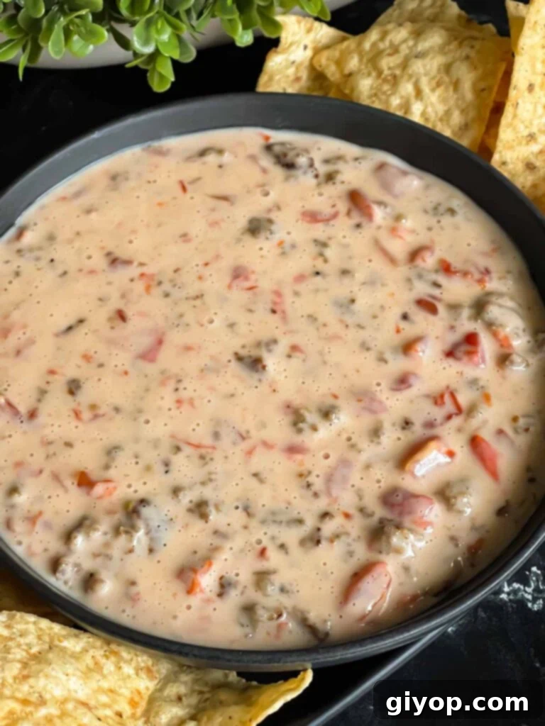 Velveeta cheese dip in a dark bowl with tortilla chips on the side.