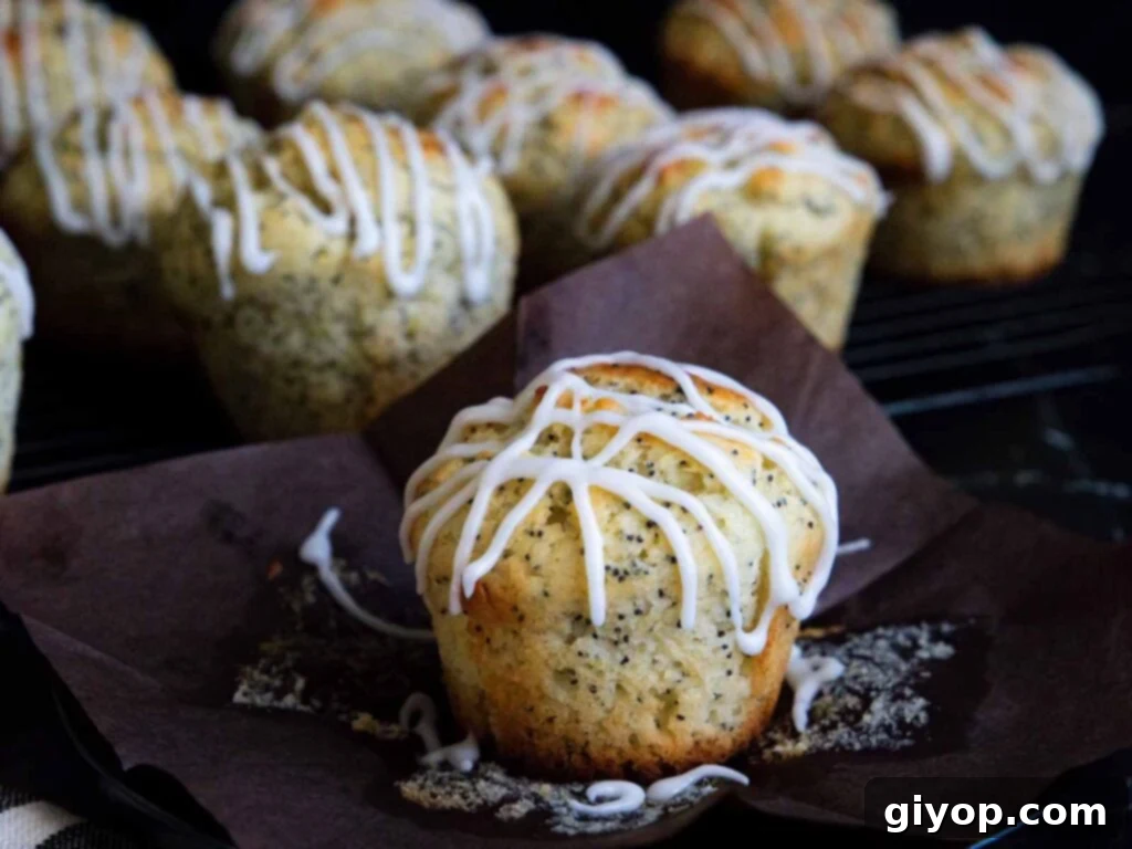 A freshly baked lemon poppy seed muffin on a dark plate, placed on a dark surface, invitingly showcasing its golden-brown top and poppy seed speckles.