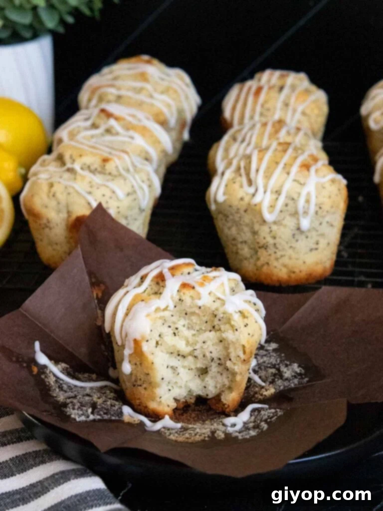 A perfectly glazed lemon poppy seed muffin rests on a dark plate, placed on a dark surface, showcasing its delicious appearance and readiness to be enjoyed.
