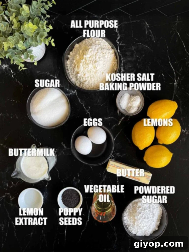 Various ingredients for a lemon poppy seed muffin recipe, including flour, sugar, lemons, and poppy seeds, neatly arranged on a dark surface.