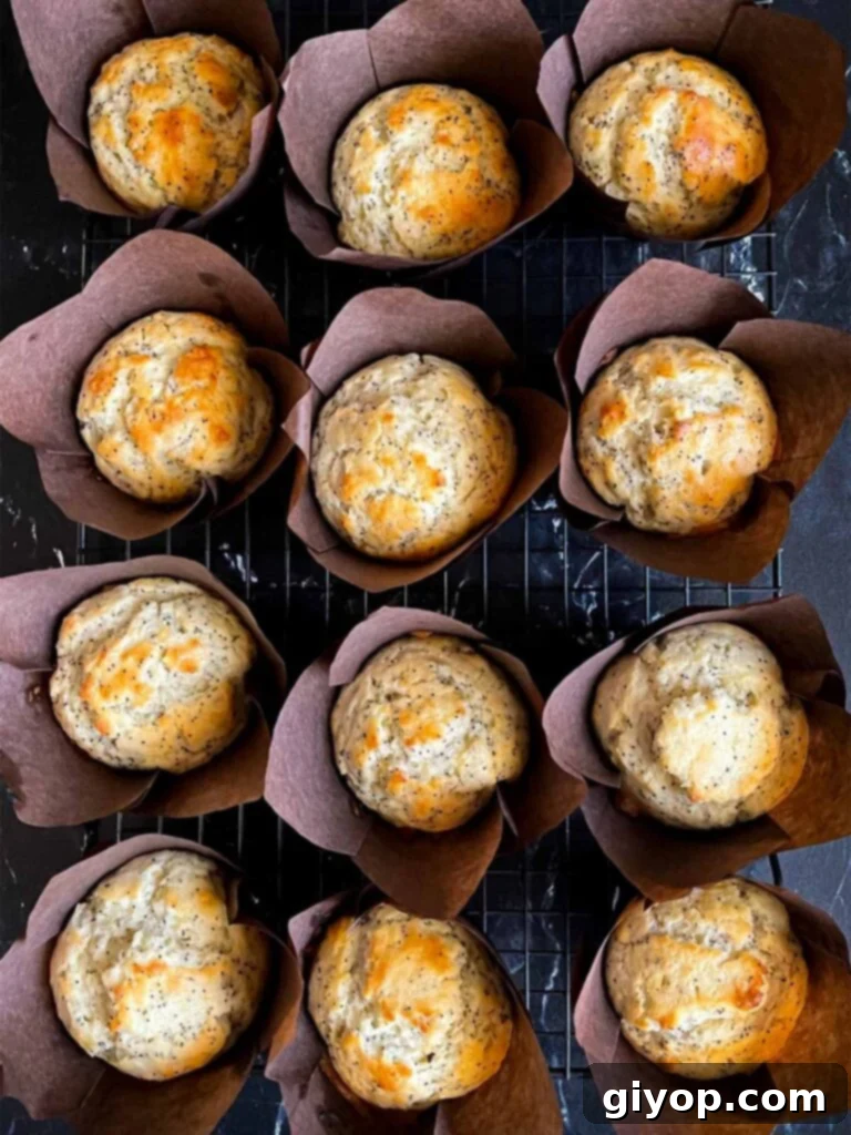 Freshly baked lemon poppy seed muffins, still in their paper liners, cooling on a wire rack, showing their perfectly risen tops.