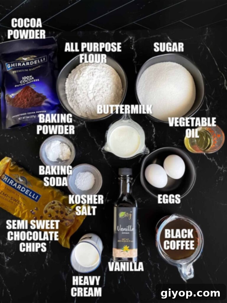 All the dry and wet ingredients for the chocolate bundt cake recipe laid out neatly on a dark surface, ready for mixing, including flour, cocoa powder, eggs, buttermilk, coffee, oil, and vanilla extract.