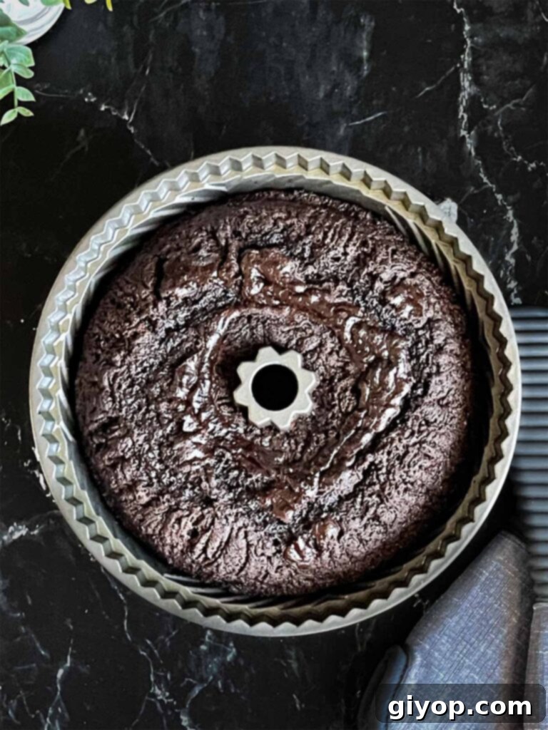 Freshly baked chocolate bundt cake cooling in its pan on a dark surface, having just come out of the oven.
