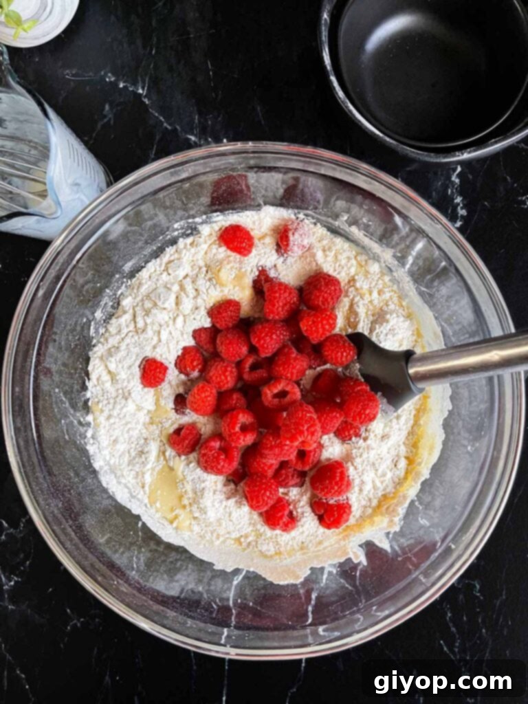 Dry ingredients and fresh raspberries are carefully added on top of the wet ingredients in a glass mixing bowl, ready for a gentle fold to create the raspberry muffin batter.
