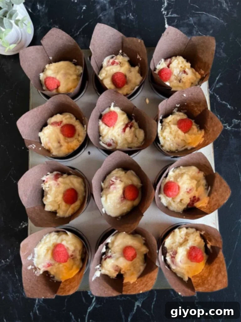 Evenly divided raspberry muffin batter fills the muffin liners in a muffin pan, ready to be baked into fluffy treats.