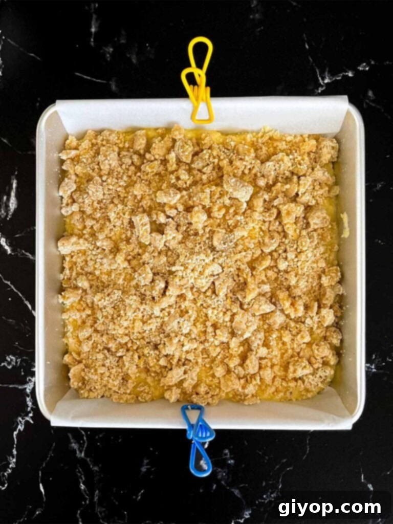 Crumble sprinkled over the lemon crumb cake batter in the baking pan.
