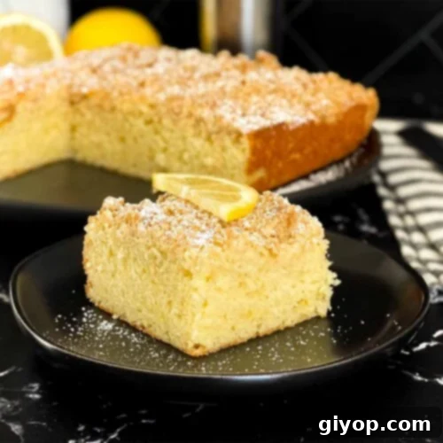A slice of lemon crumb cake dusted with powdered sugar and garnished with a lemon slice on a dark plate on a dark surface.