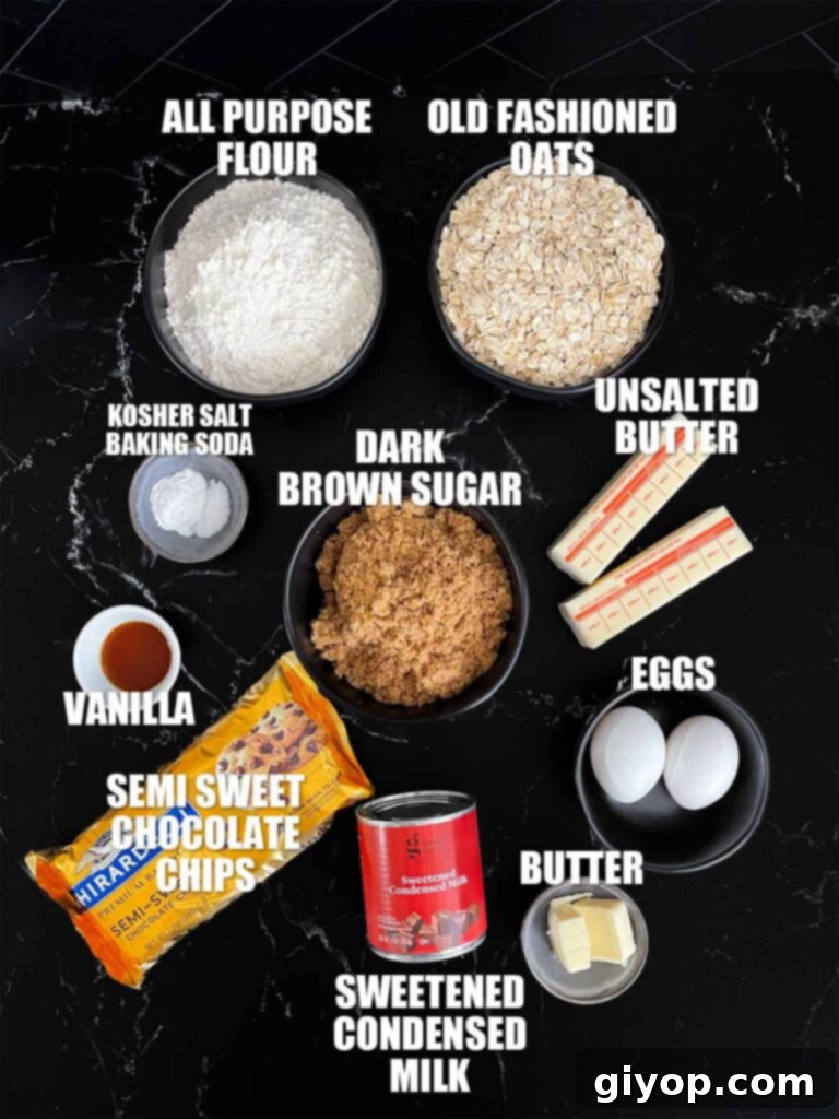 Chewy Oatmeal Fudge Bars 3 A beautiful flat lay of all the essential ingredients for crafting perfect oatmeal fudge bars, neatly arranged on a dark surface.