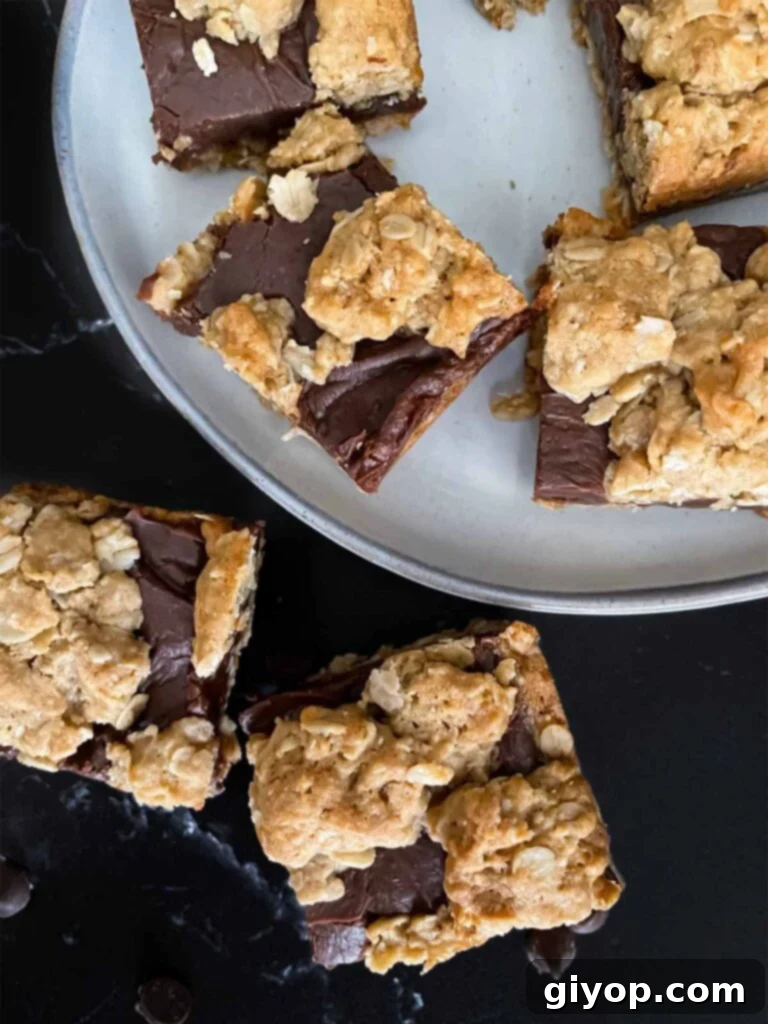 Chewy Oatmeal Fudge Bars 9 A beautifully baked tray of oatmeal fudge bars, golden brown and perfectly set, resting on a dark surface, with more bars ready for serving.