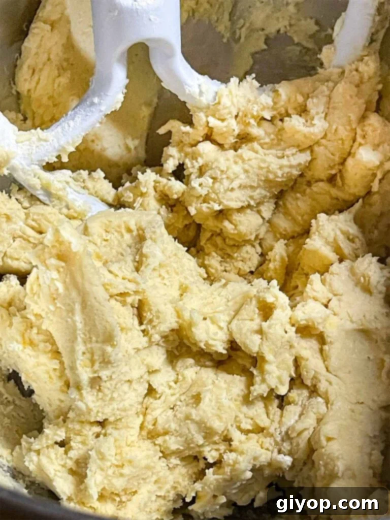 The lemon thumbprint cookie dough, perfectly mixed and ready for shaping, sits in a metal mixing bowl.