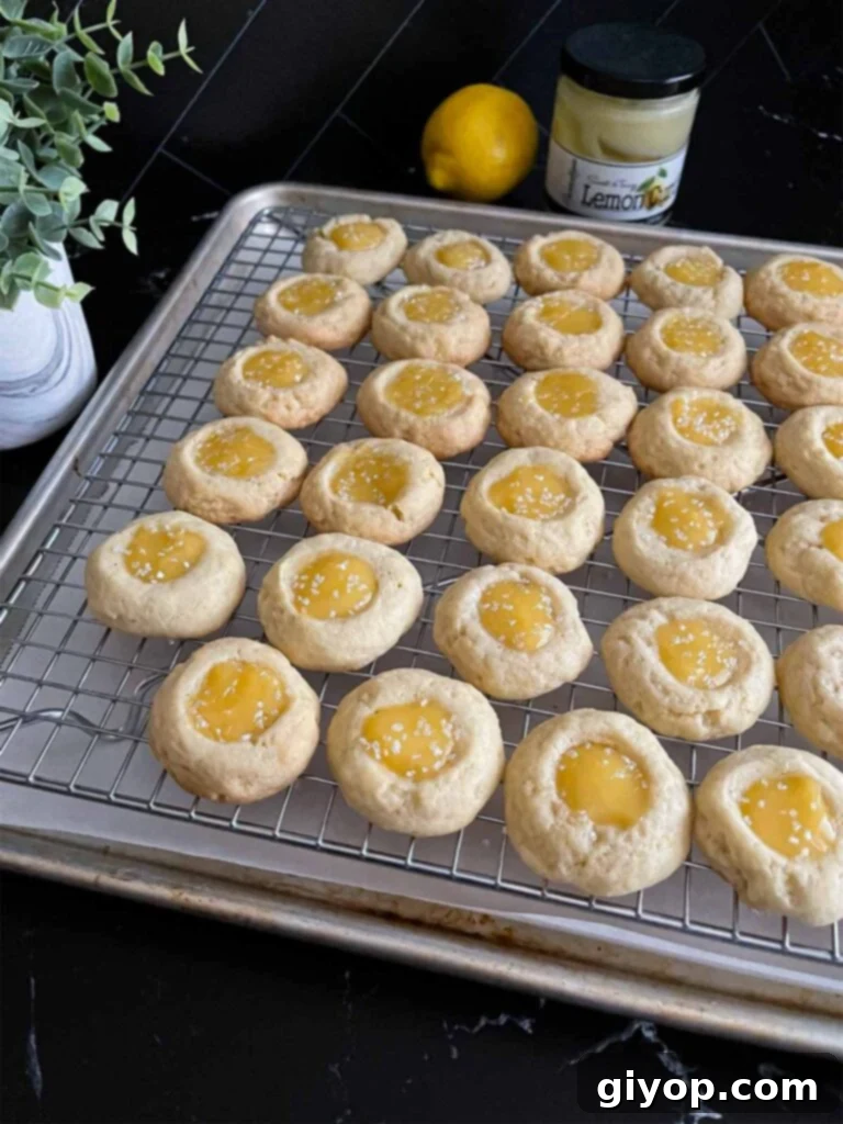 A batch of golden Lemon Thumbprint Cookies cooling on a wire rack against a dark backdrop, their glossy lemon centers glistening.
