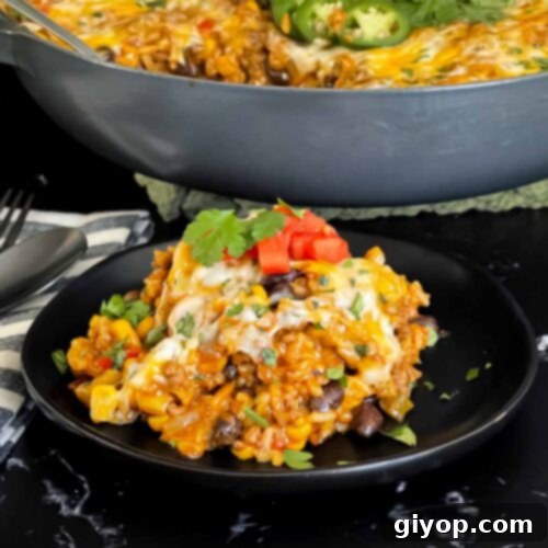 A close-up of a serving of Mexican ground beef and rice casserole on a dark plate.