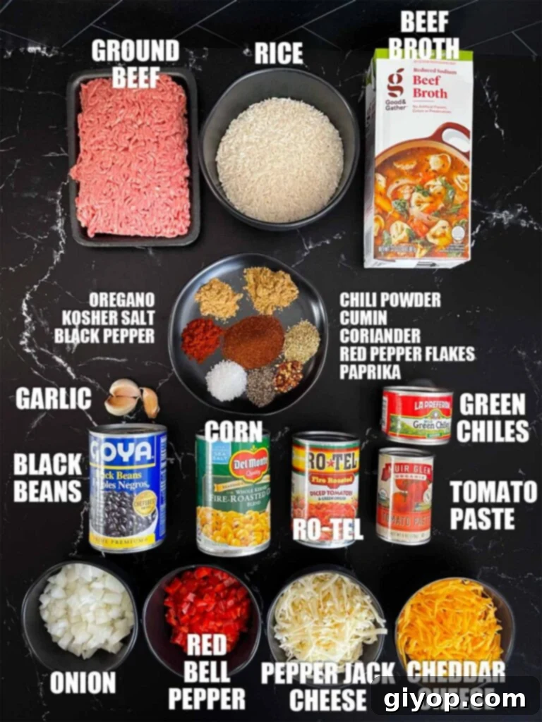 Various fresh and canned ingredients laid out for making Mexican Ground Beef Casserole With Rice.