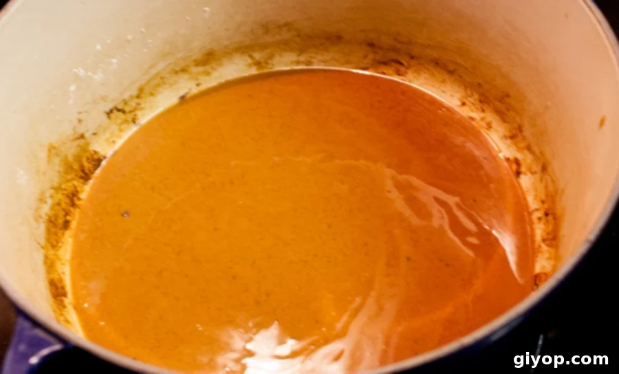 Louisiana Surf and Turf Gumbo 5 The perfectly cooked, deep amber roux in a Dutch oven, ready for the vegetables.