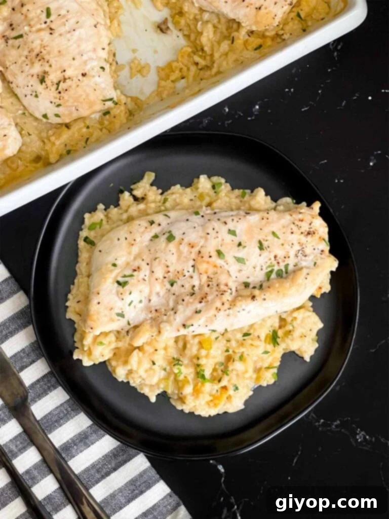 Chicken and rice casserole garnished with chopped parsley on a dark plate on a dark surface.