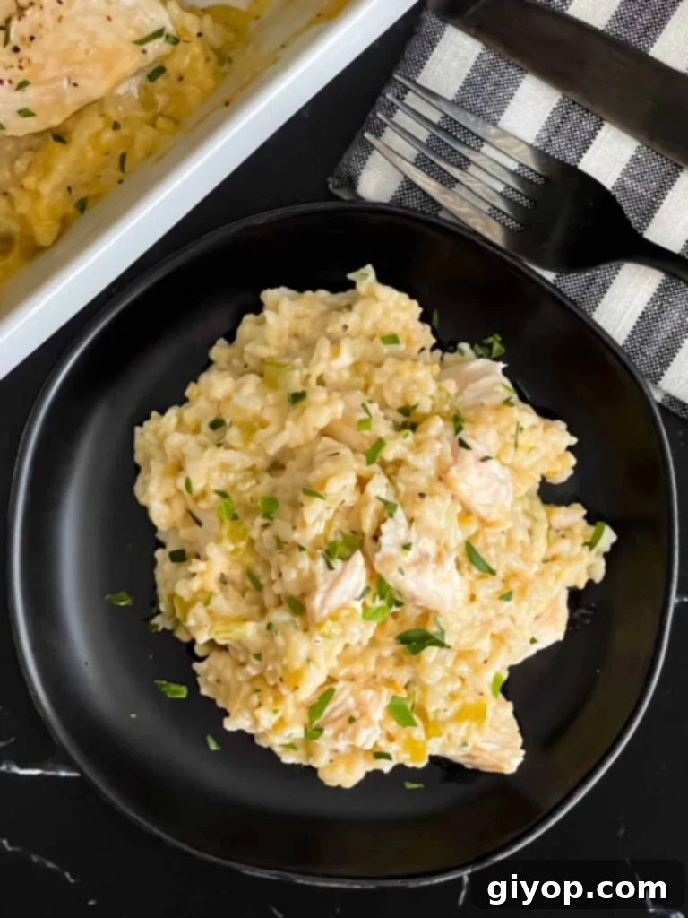 Chicken and rice casserole garnished with chopped parsley on a dark plate on a dark surface.