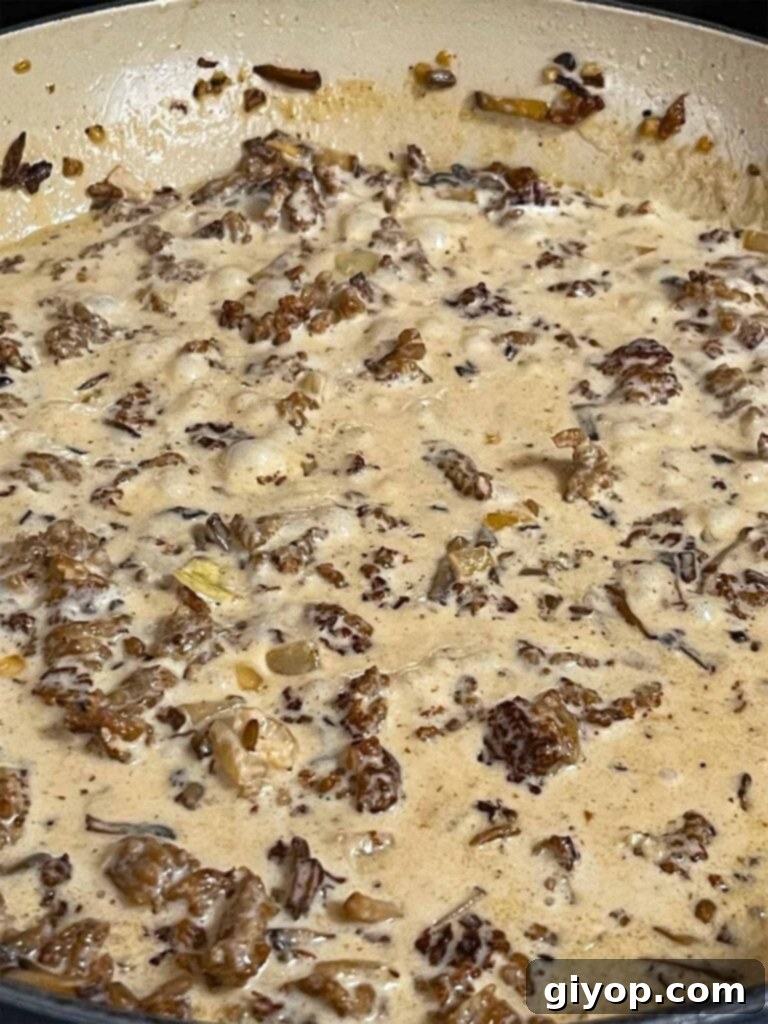 Pasta alla Norcina sauce simmering in a skillet.