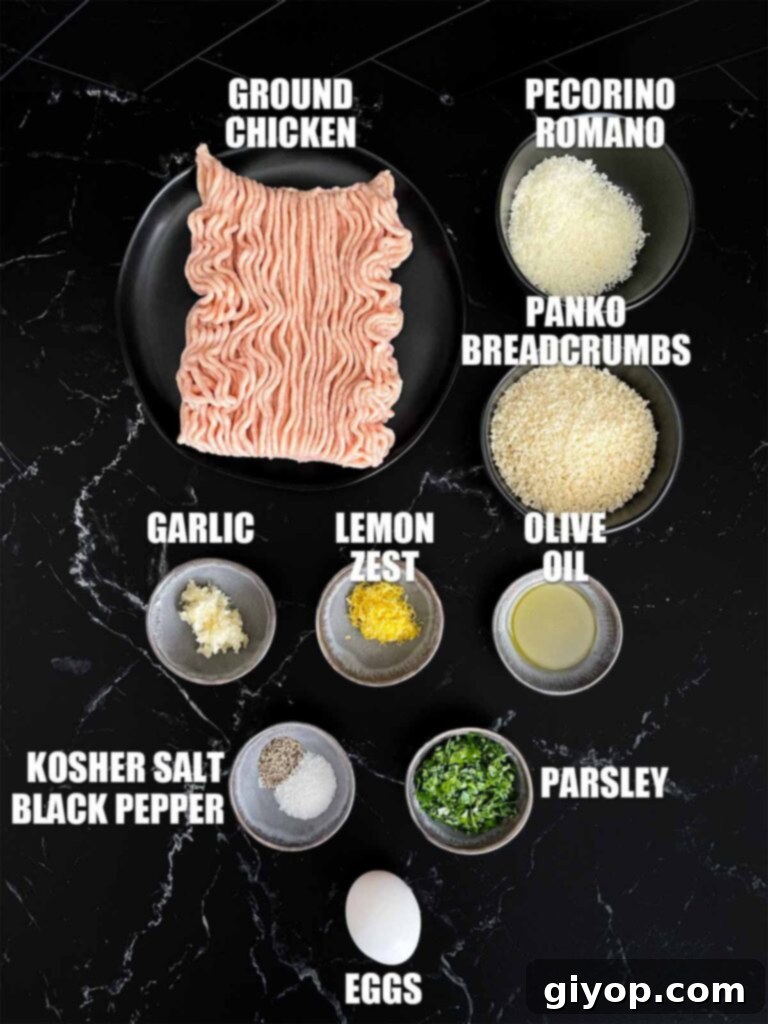 Fresh ingredients for homemade chicken piccata meatballs laid out on a dark surface.