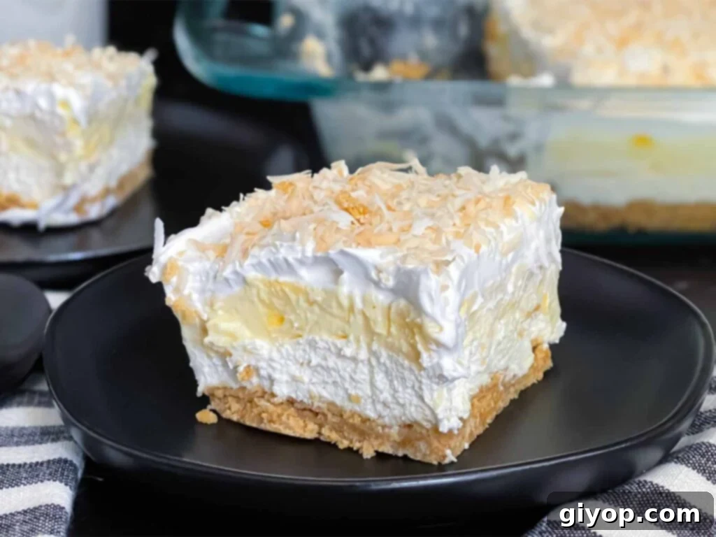 Velvet Coconut Dream 2 A perfectly sliced portion of Coconut Cream Lush presented on a dark plate, showcasing its beautiful, distinct layers on a dark surface.