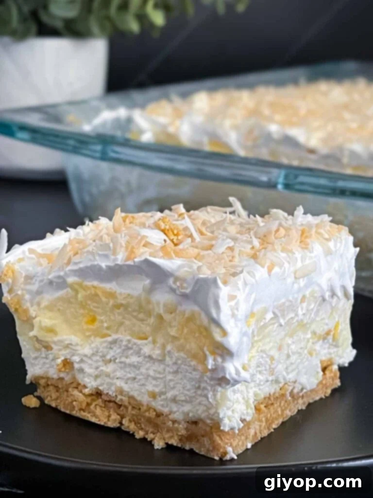 Velvet Coconut Dream 11 A beautifully presented, ready-to-serve slice of coconut cream lush on a dark plate, highlighting all the delicious layers.