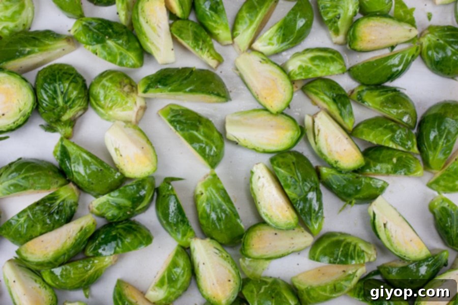 Raw brussels sprouts, trimmed and quartered, spread out on a parchment-lined baking sheet.