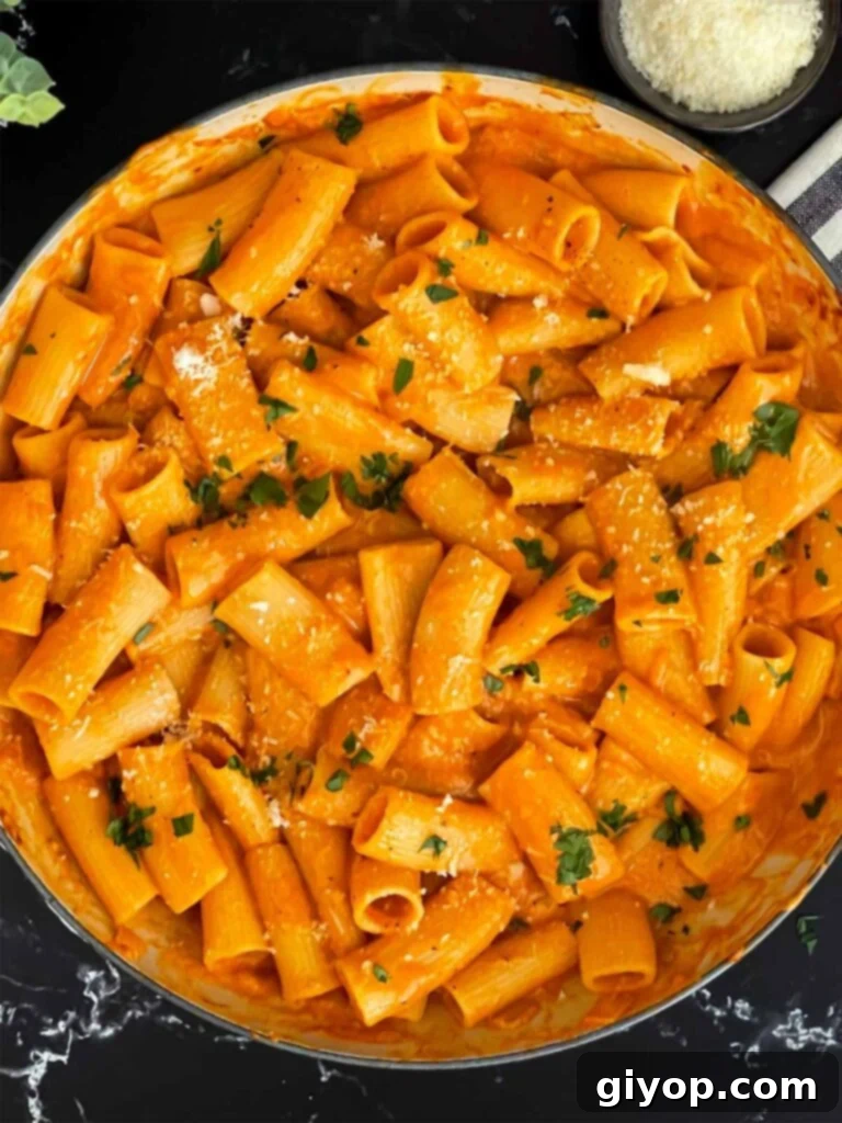 Finished Pasta alla vodka ready to be served from the skillet.