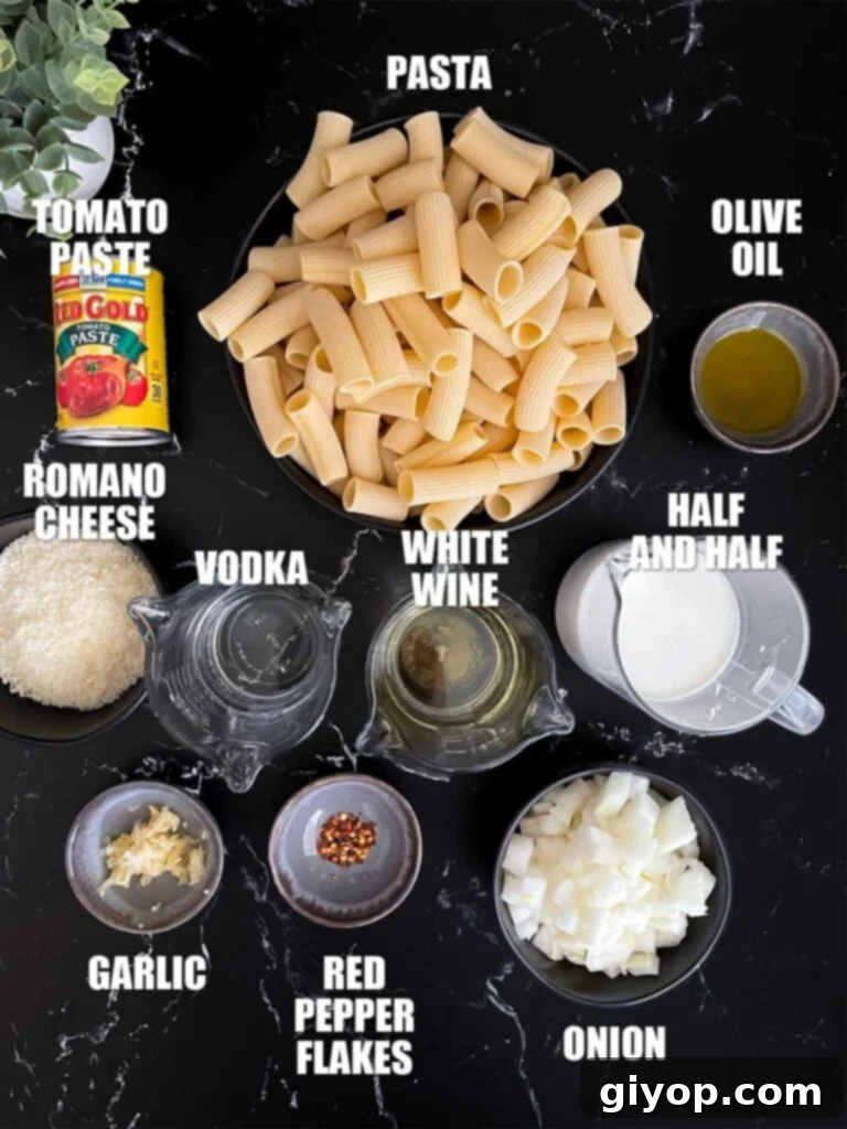 Collection of ingredients laid out for making pasta alla vodka.