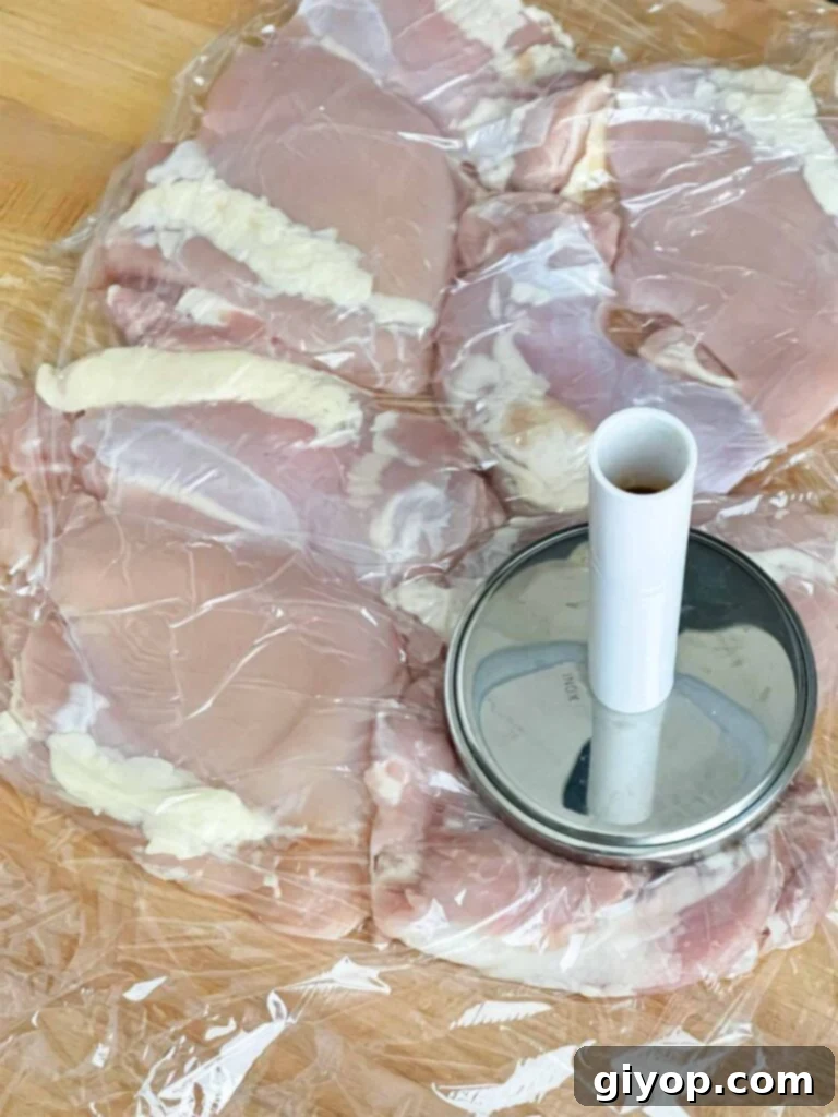 Chicken thighs being tenderized.