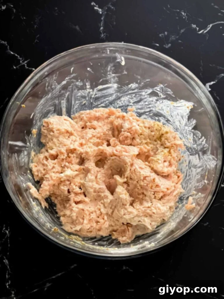 The well-mixed raw chicken burger mixture, ready for shaping.
