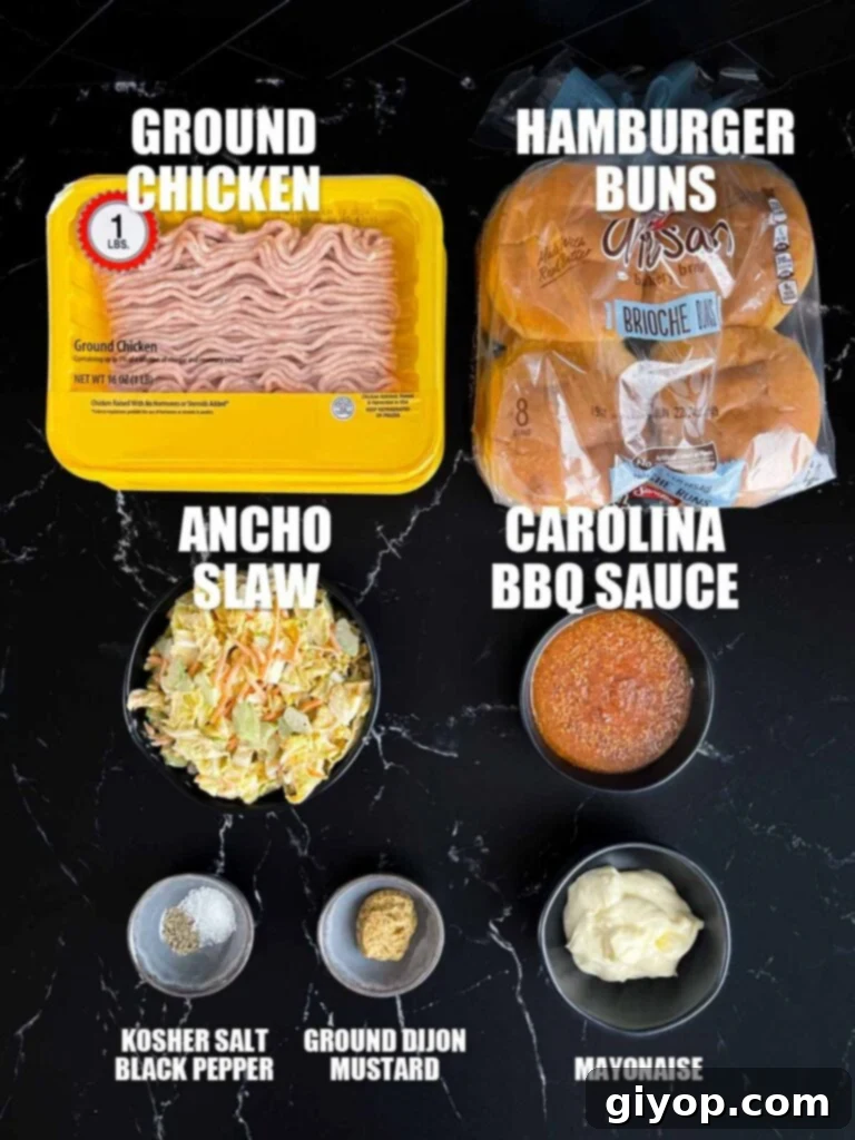 All the components for chicken burgers with Carolina bbq sauce and ancho slaw.