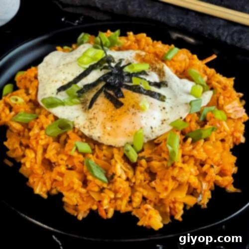 Kimchi fried rice topped with green onion, and gim.
