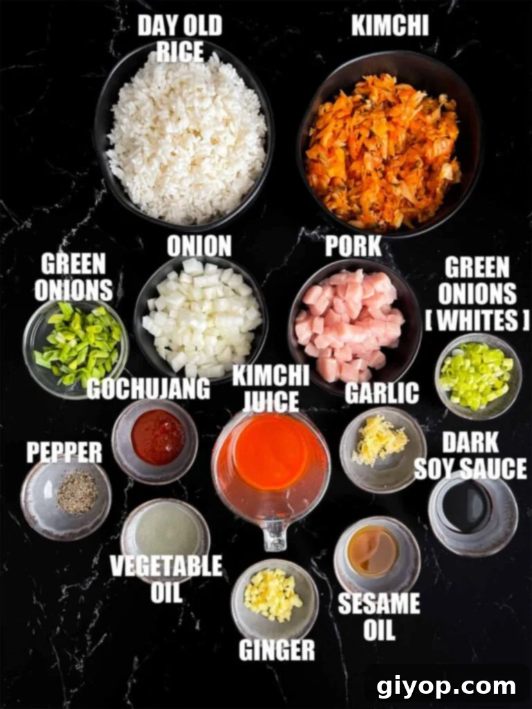 Ingredients needed to make kimchi fried rice.