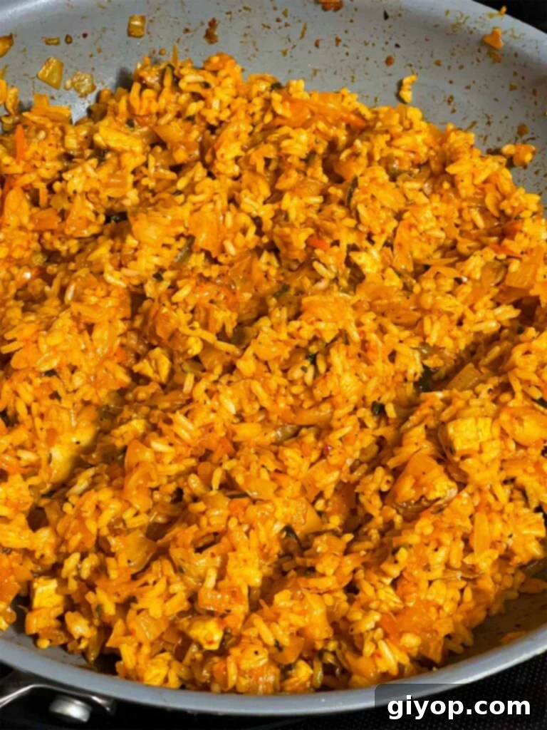 Kimchi fried rice in a skillet.