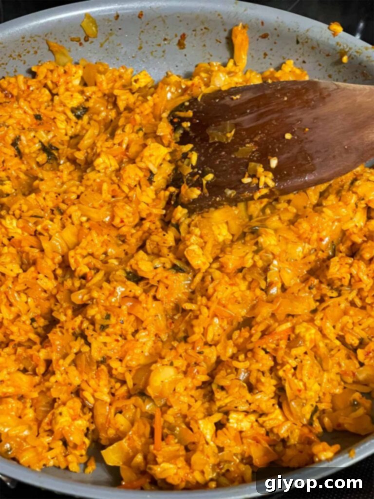 Kimchi fried rice in a skillet.