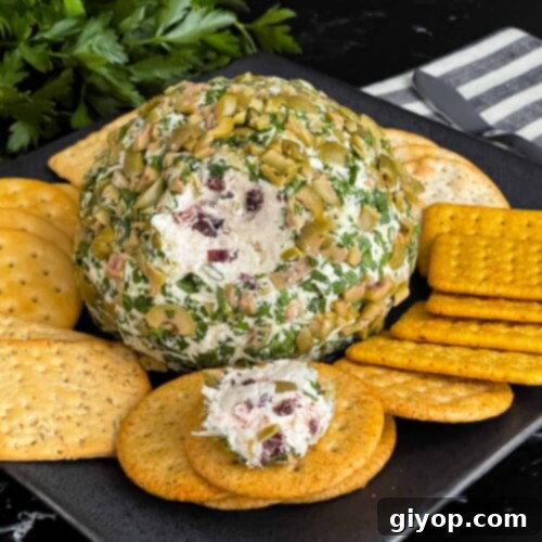 Mediterranean Olive Cheese Ball 10 Olive cheese ball on a dark plate surrounded by different shaped crackers.
