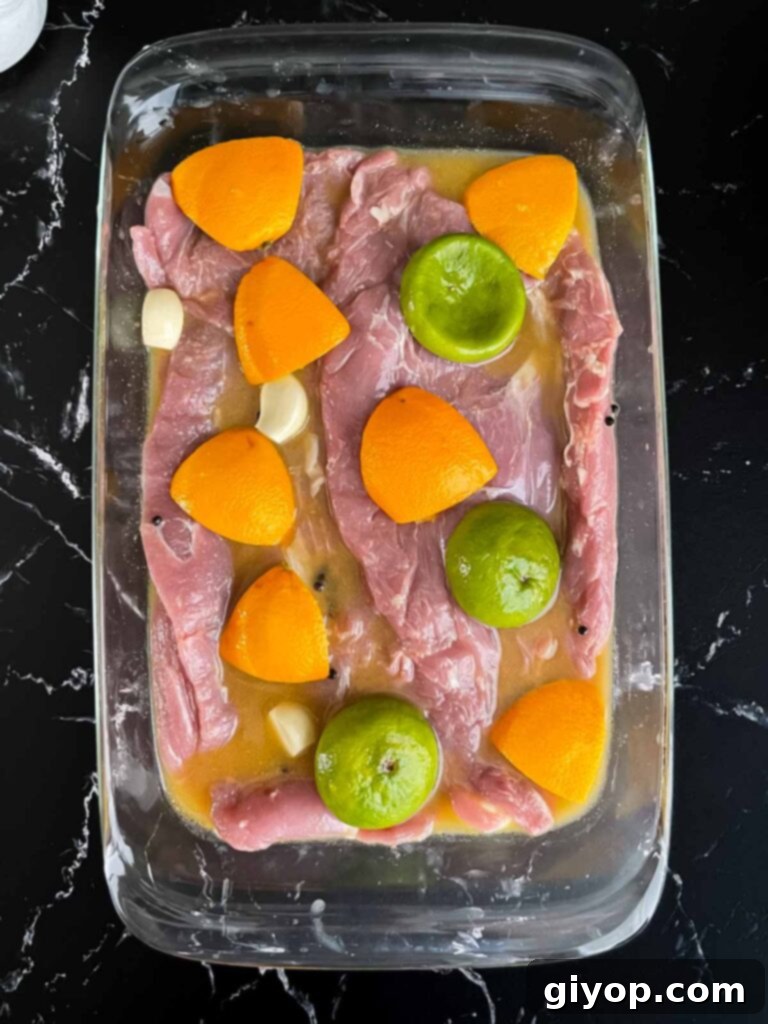 Grilled Mojo Pork Roulade 7 Pork tenderloin soaking in a bright citrus marinade with orange and lime slices.