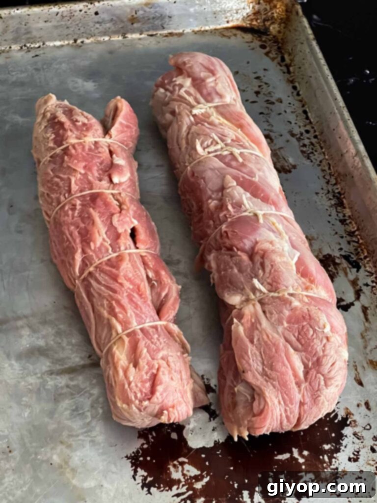 Grilled Mojo Pork Roulade 9 Cuban pork tenderloin roulade, tightly rolled and secured with twine, ready for grilling.