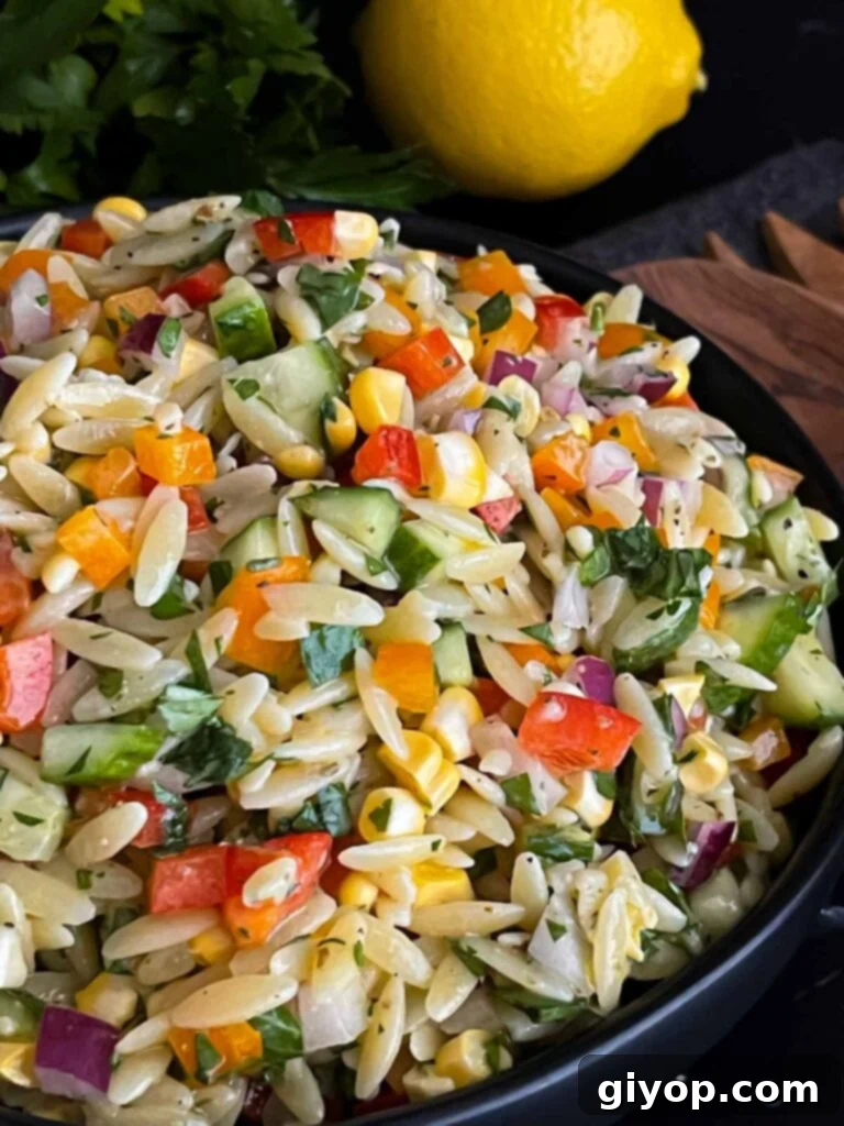 The finished Orzo pasta salad presented beautifully in a dark serving bowl on a dark surface, ready to be enjoyed.