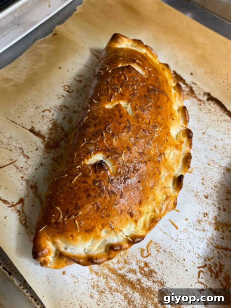 A freshly baked golden brown calzone, hot from the oven.