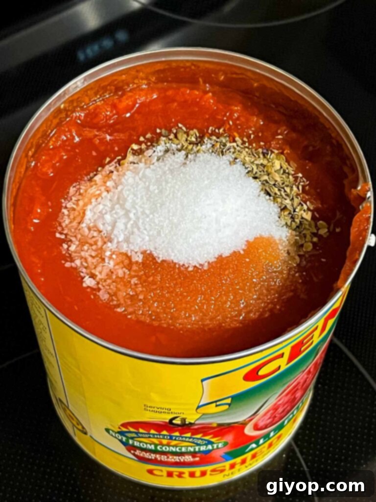 Crushed tomatoes with seasonings added, ready for blending, in a can.