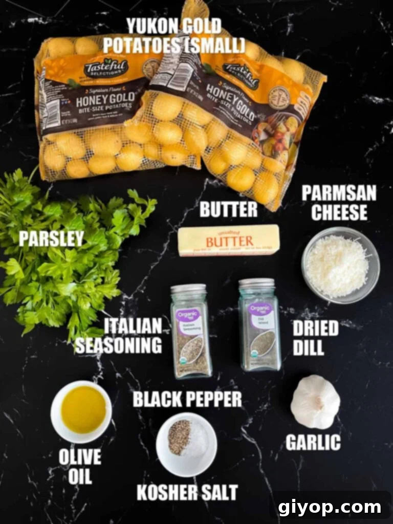 Slow cooker garlic parmesan potatoes recipe ingredients on a dark surface.