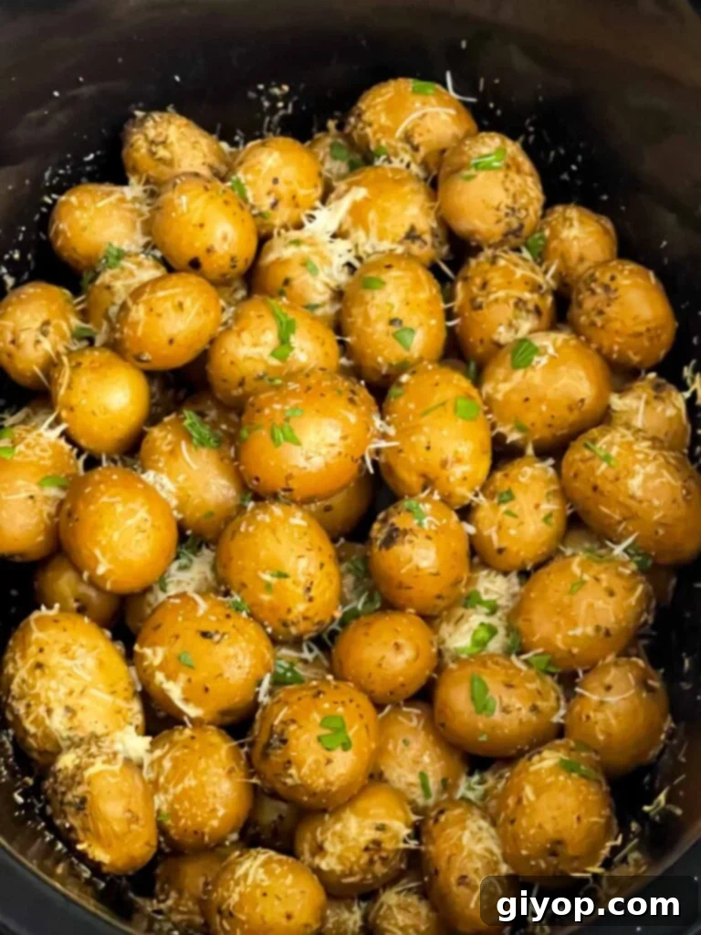 Cooked garlic parmesan potatoes in the crock of a slow cooker.