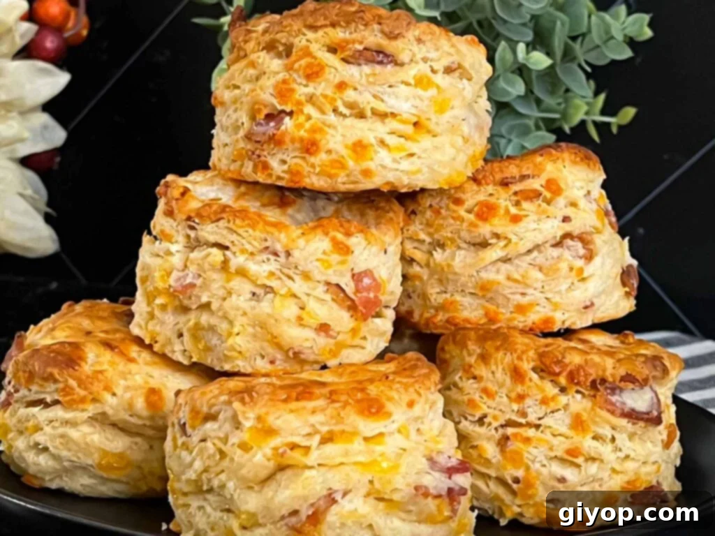 Smoky Bacon Cheddar Delights 2 Stacked bacon cheddar biscuits on a dark plate, showcasing their golden-brown tops and flaky texture.