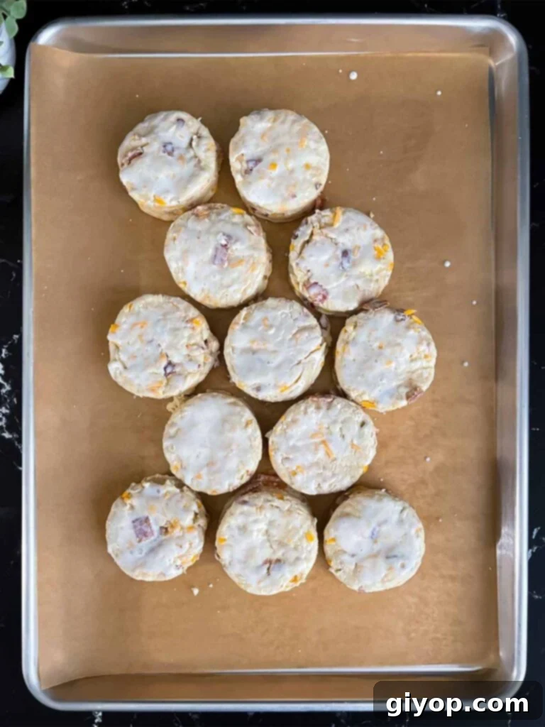 Smoky Bacon Cheddar Delights 6 Unbaked bacon cheddar biscuits, cut and arranged almost touching on a parchment-lined baking sheet.