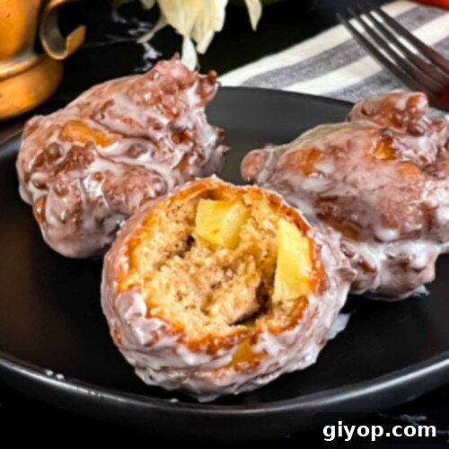 Cinnamon Apple Bliss 11 Apple fritters on a dark plate on a dark surface.